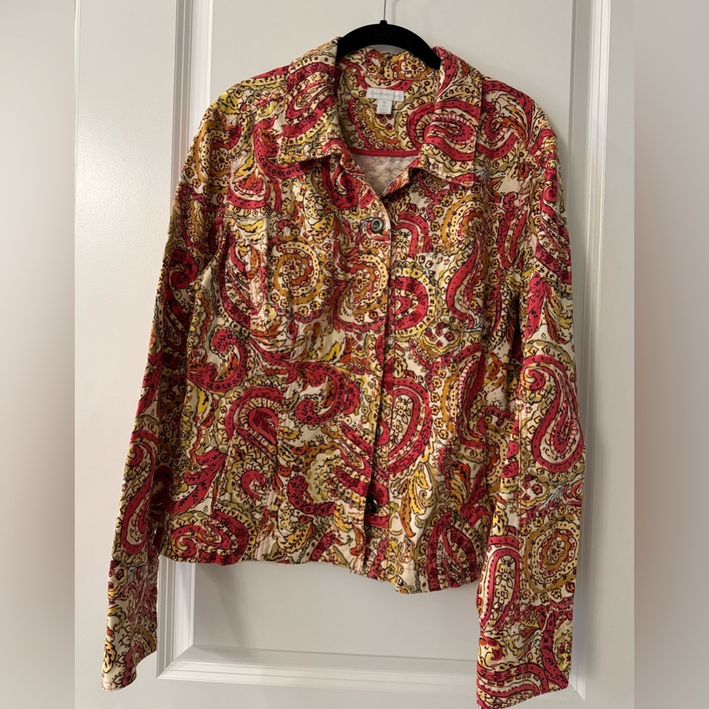 #726 - Charter Club Fuchsia Pink Orange Yellow Paisley Denim Jean Trucker Jacket
